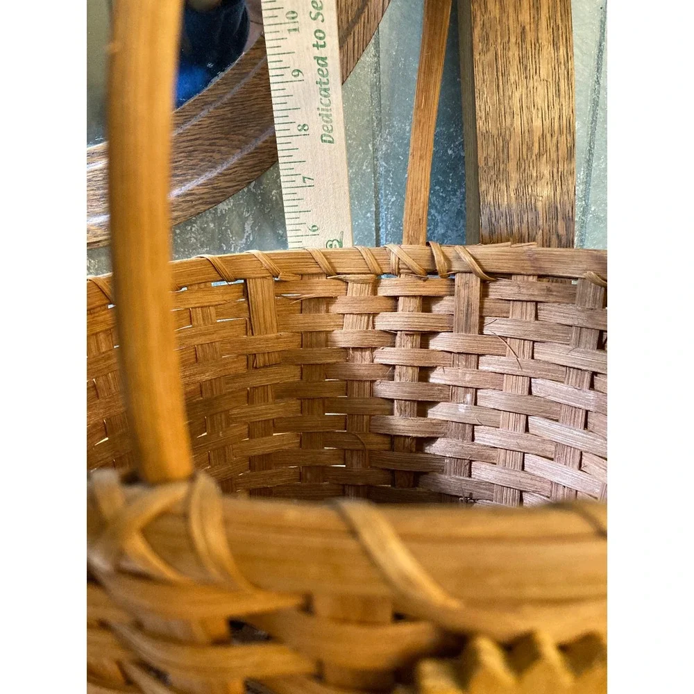 Handwoven Splint Wood Basket with Sunflower Button Accents Rustic Farmhouse